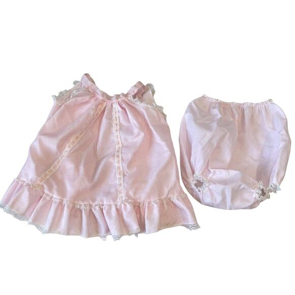 Baby bliss Other - Baby Bliss Pink Dress Swiss Dot Ruffle Apron Tie Bloomers Set Sz XL 60’s Girl